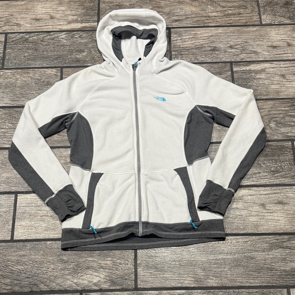 The North Face women’s large fleece White and Gray Hooded Jacket
